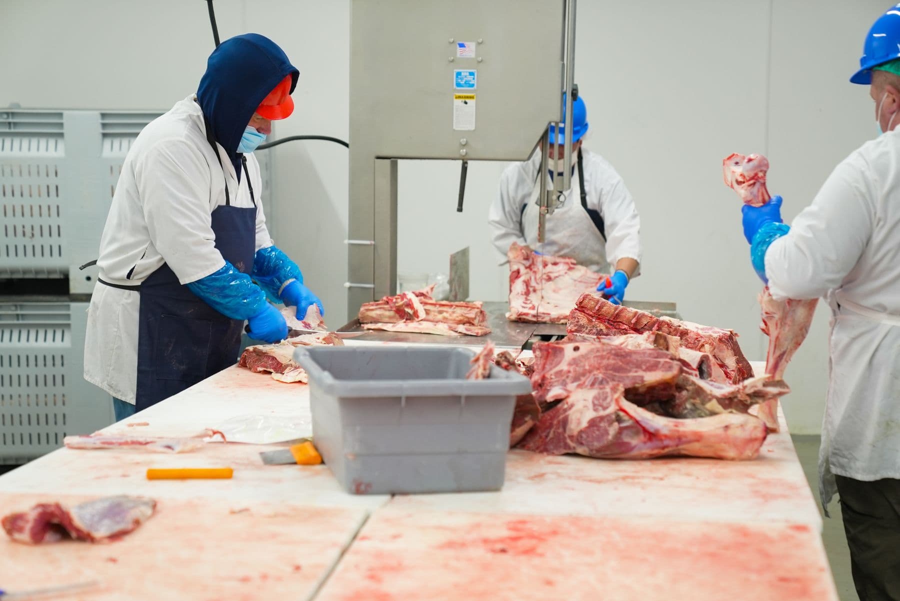 Sala de despiece con operarios trabajando junto a una sierra de cinta para carne